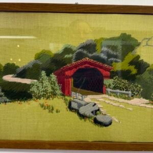 Vintage Red Covered Bridge Crewel